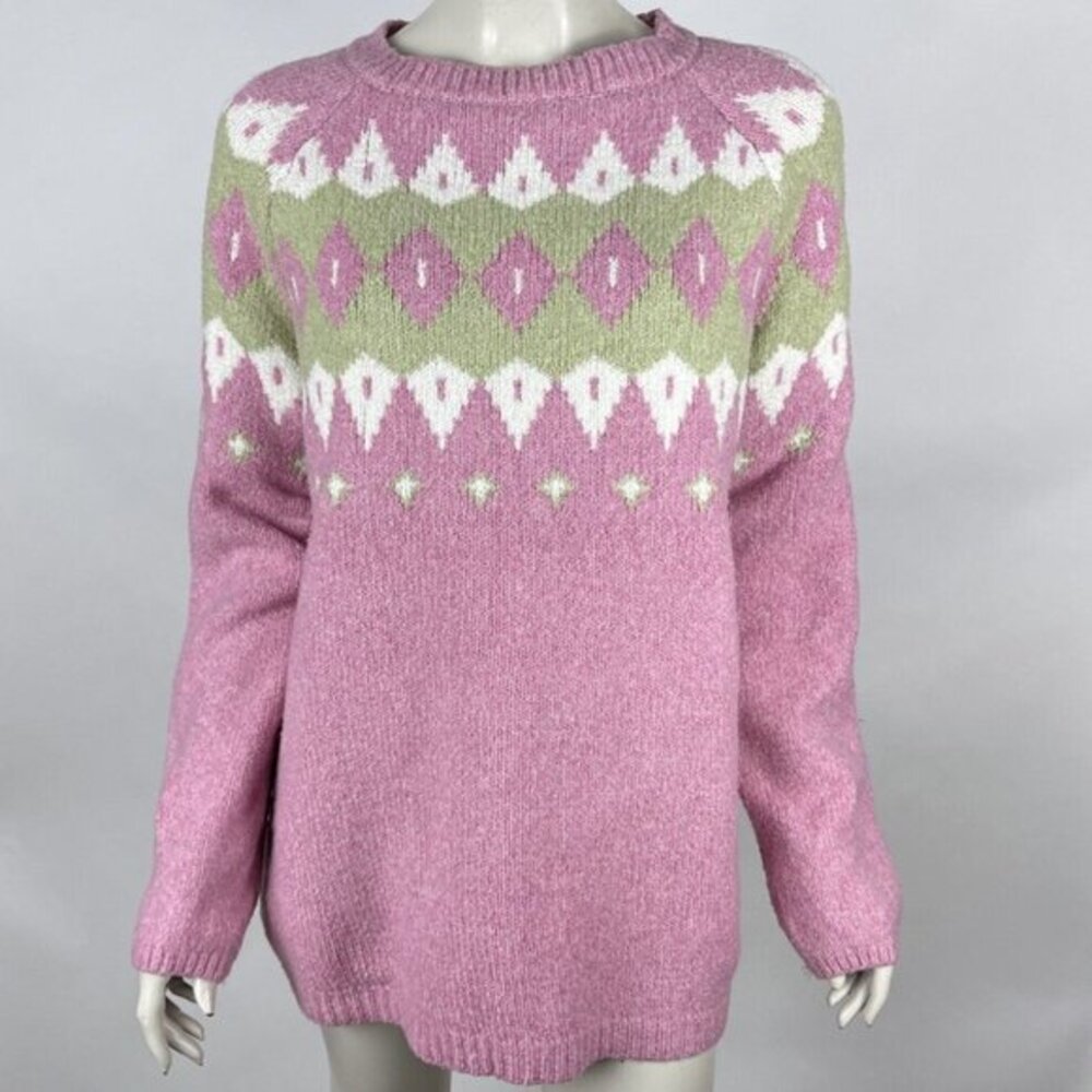 &merci Pink Intarsia Sweater Women L NWT Long Sleeve Round Neck Chunky Pullover